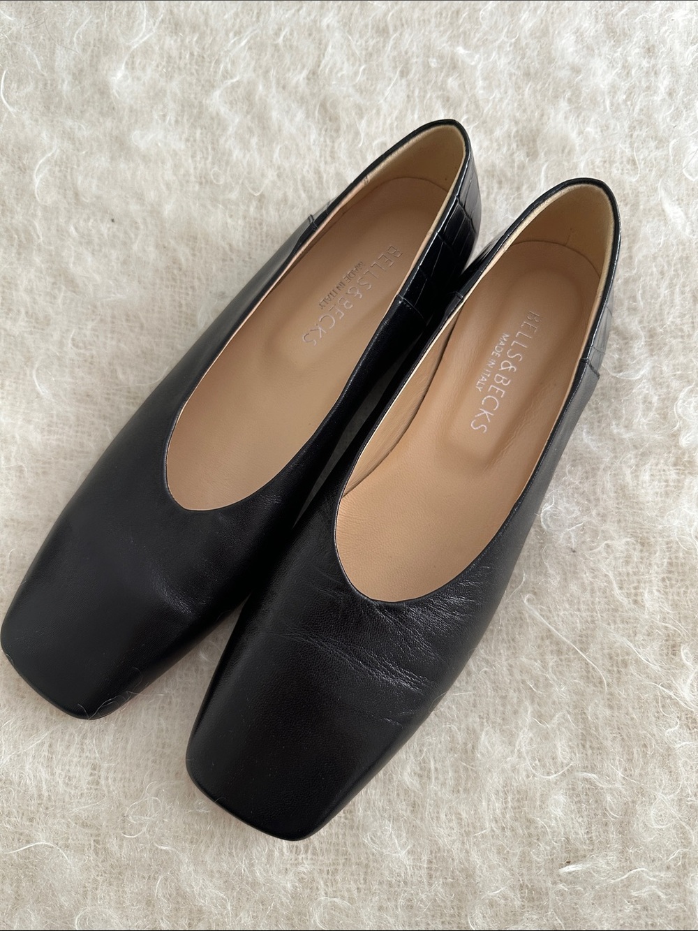 Bells & Becks Black Leather Ballet Flats Square Toe Made in Italy Size 38